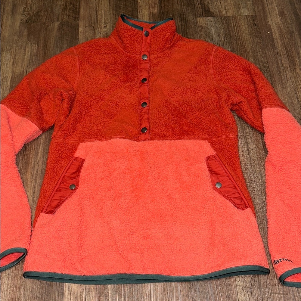 Marmot Women's Pullover Sherpa Fleece 1/4 Button Up size M‎ Rust/Orange/Green